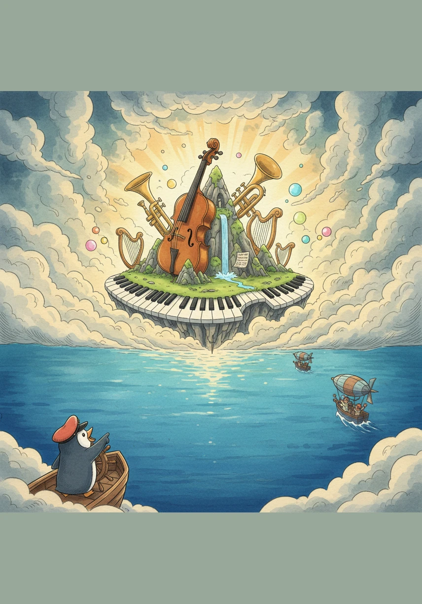 The clouds part to reveal the Island of Melodies, where the trees have silver leaves that tinkle like delicate wind chimes. Pip steps onto the soft, purple sand, following the growing sound of a beautiful, ethereal choir coming from the jungle.