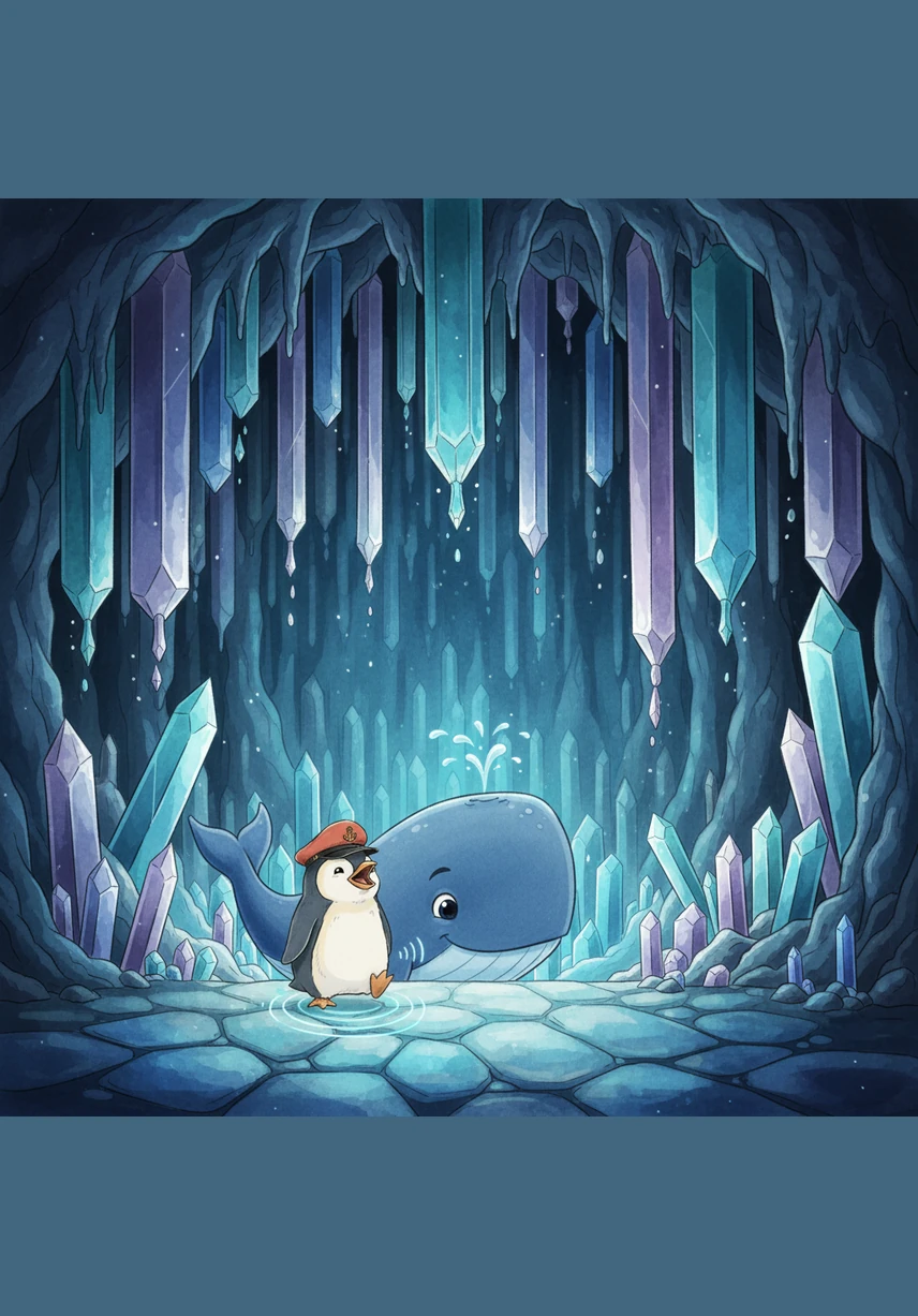 He finds the entrance to the Crystal Cavern, where giant glowing stalactites hang like the pipes of a grand organ. Every footstep Pip takes on the cave floor rings out a clear, crystalline note that echoes through the shimmering dark.