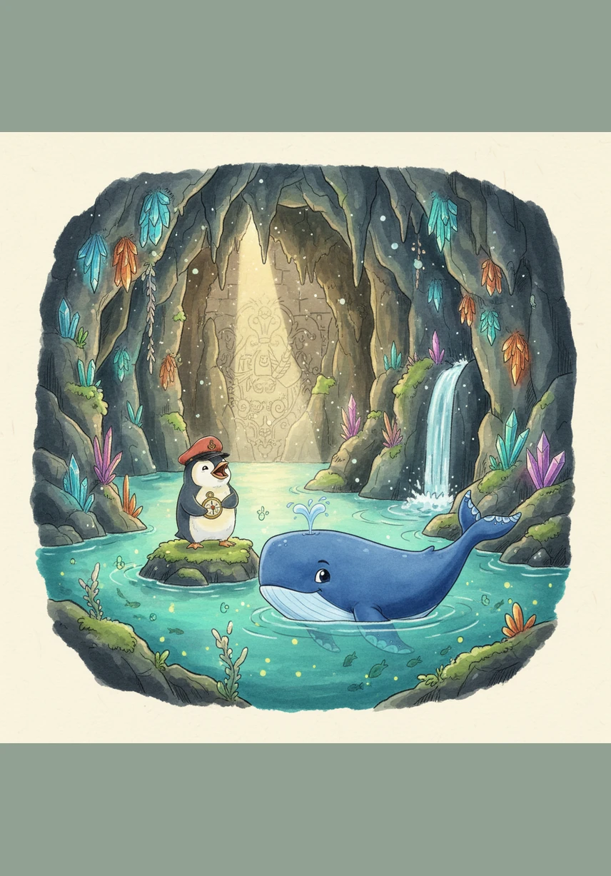 At the heart of the cave stands a stone pedestal carved with ancient musical symbols that must be aligned. Pip carefully turns the stones until they play a perfect harmony, causing the heavy rock door to slide open with a resonant hum.