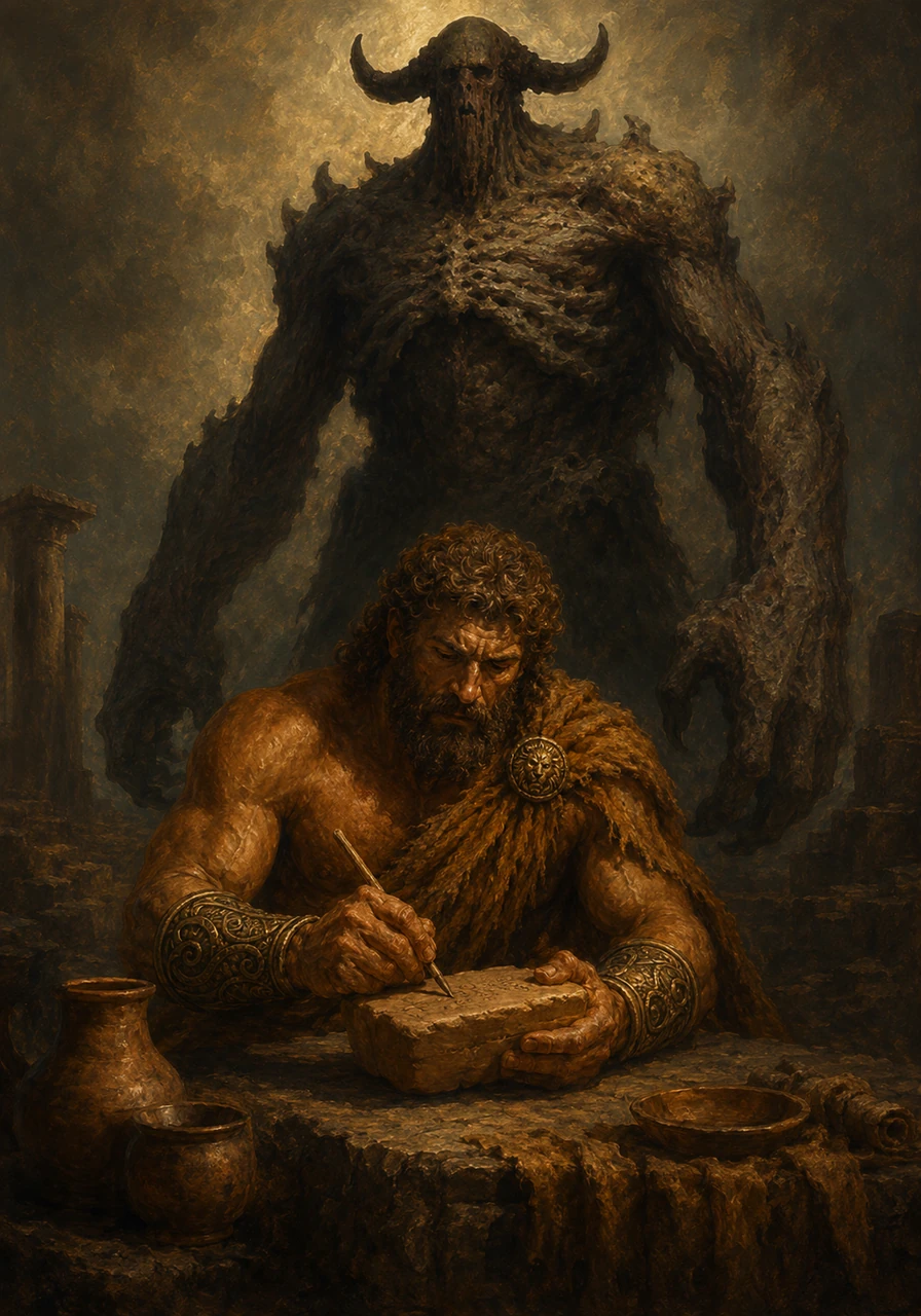 Under the shadow of a colossal, looming silhouette, the Greek scribe Antìocos presses his stylus into a clay tablet to record a forgotten age. He writes of a time before the Olympian gods even had names, when Mother Earth unleashed her most ferocious children to tear down the heavens.