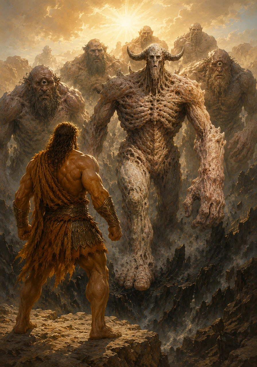 From the dark, jagged fissures of Hades, the terrifying Titans and Cyclopes emerge into the blinding light of the upper world. These deformed sons of Poseidon carry an eerie wisdom, having sacrificed one of their eyes just to catch a glimpse of the exact day their world would end.