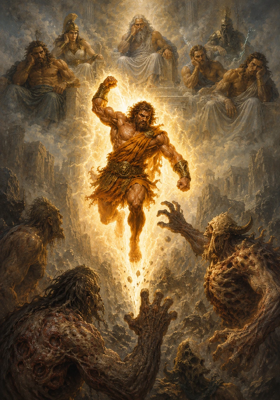 High atop Mount Olympus, the immortal gods sit frozen in boredom and fatigue, completely unequipped to face this primal fury. Realizing they need a champion who does not fear death, they summon Hercules, who arrives wrapped in a violent, blinding light, ready to strike down the invaders.