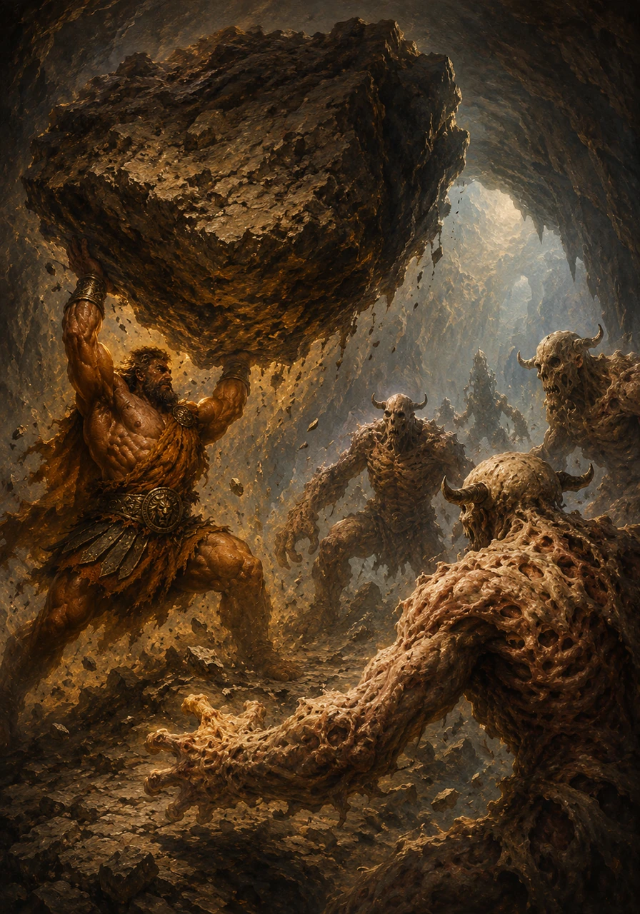 The ground trembles as the battle begins inside the cavernous, wind-howling Grotta dei Giganti, one of the ancient gateways to the underworld. Hercules channels his immense strength, lifting a boulder so massive it resembles a floating island, and hurls it directly at the advancing monsters.