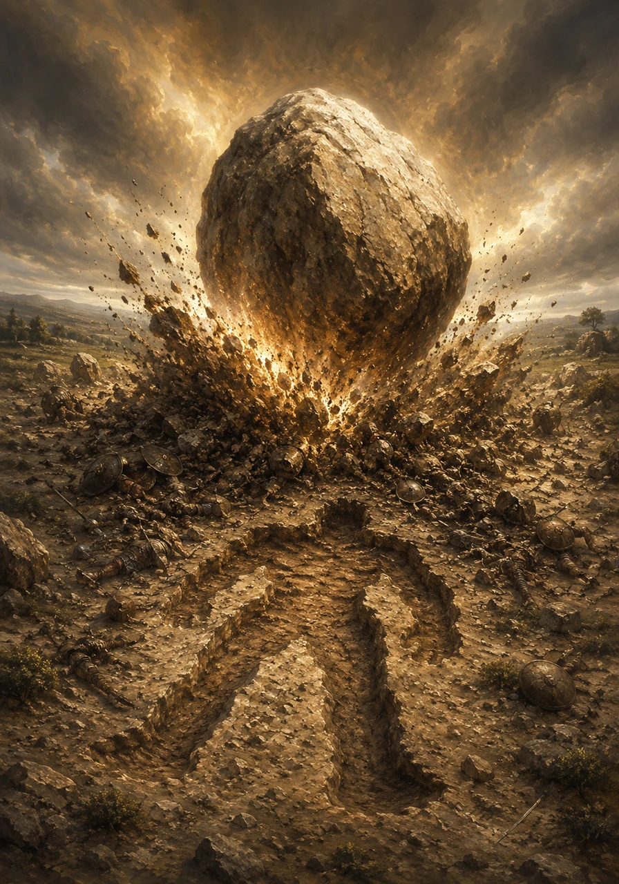 The colossal boulder soars across the sky and crashes into the earth at Giuggianello, crushing the enemy forces and leaving behind a massive indentation shaped like a hero's foot. For centuries after, the scarred landscape rests in absolute silence, waiting for humans to uncover the memory of what happened.