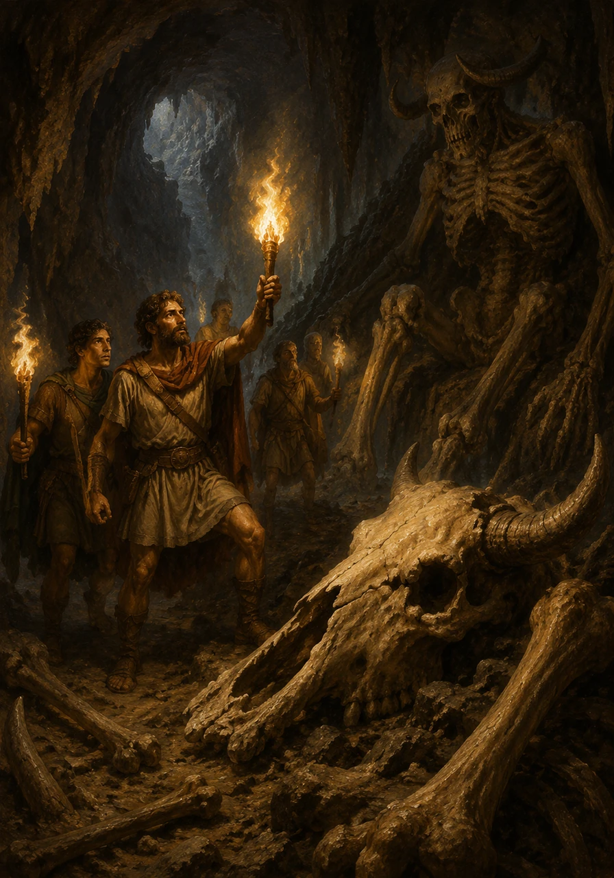 Generations later, classical explorers cautiously enter the deep caverns, holding torches high against the damp shadows. They stumble upon enormous, horned skulls and elongated bones, confidently proclaiming that they have found the definitive proof of Aristotle's ancient giants.