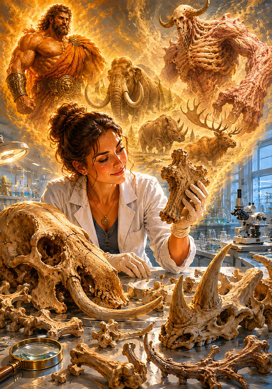 In the modern era, a scientist in a white coat examines those exact same skeletal remains under the bright lights of a laboratory. With a knowing smile, she identifies the fragments as prehistoric elephants, rhinoceroses, and giant deer, realizing how human imagination turned ancient wildlife into myth.
