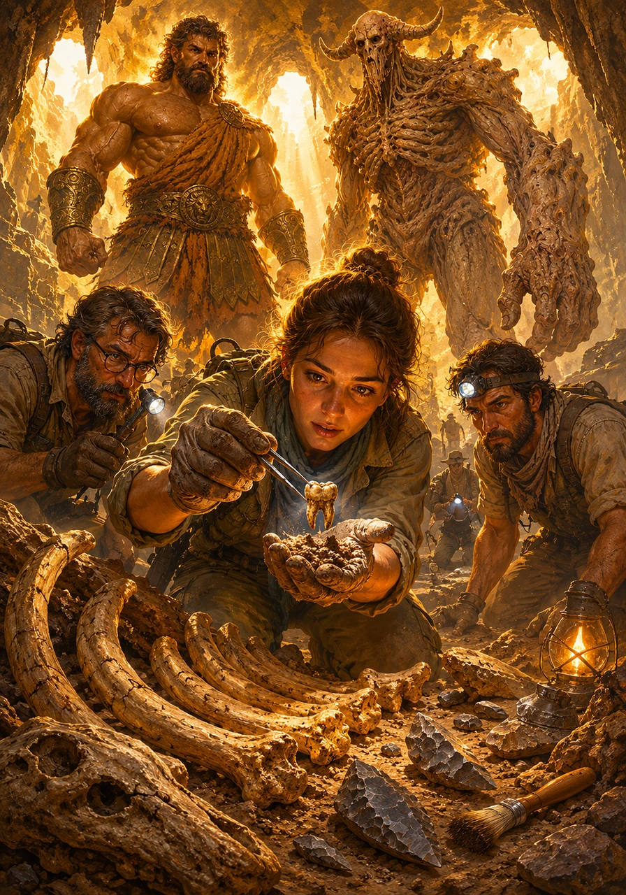 Inside the majestic, sunlit Grotta delle Tre Porte, a team of modern archaeologists uncovers a tiny, fossilized molar belonging to a Neanderthal child. This rare ten-year-old child's tooth rests directly alongside the massive rib bones of Pleistocene megafauna and ancient stone tools.