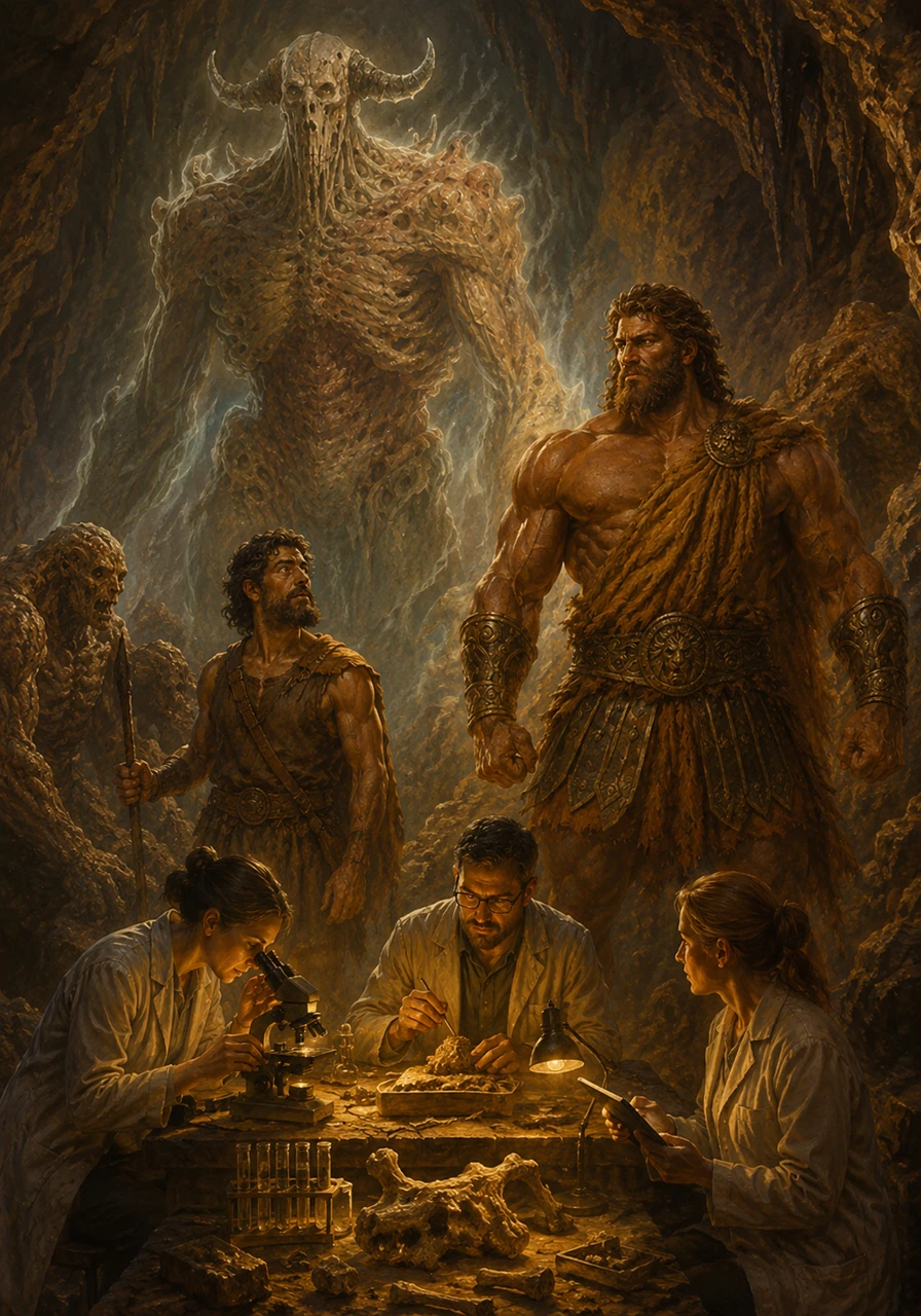 As the scientists work, a spectral echo of a Cyclops hovers faintly in the shadows of the cave, bridging the past and the present. Where ancient humans saw monsters and magic, modern science sees the beautiful, true dawn of humanity, proving that myth and science are just telling the same story.
