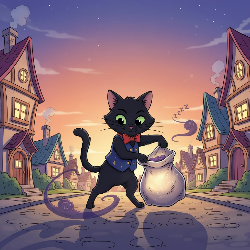 Early dusk paints Willowbend in soft hues as Whiskers, a sleek black cat with bright green eyes, begins her important nightly task. With graceful paws, she carefully scoops up the village's sleepy shadows, tucking them safely into her shimmering, magical sack. The sky above is a gradient of oranges and purples, casting long, playful shadows from the quaint houses.