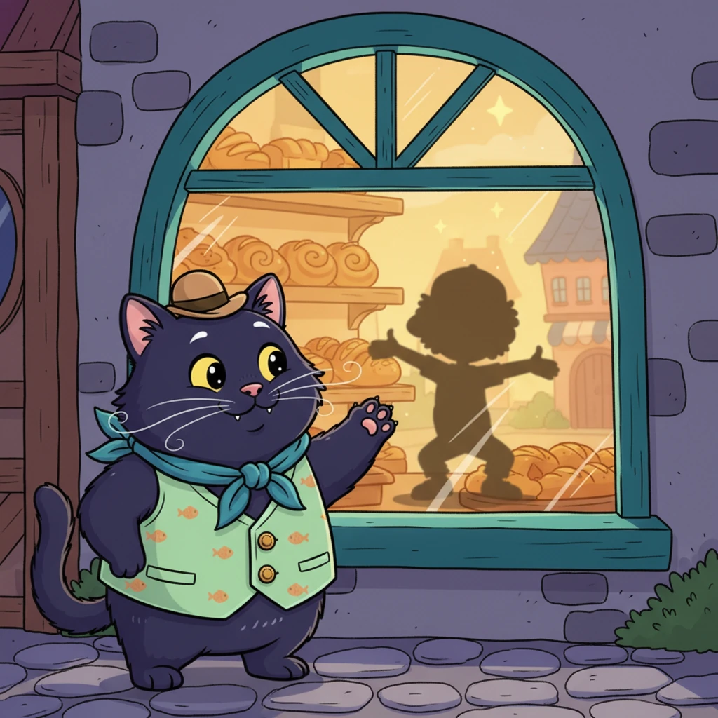 Behind the baker's warm, glowing window, Whiskers spots a particularly lively shadow. It's Timmy's shadow, tiny and full of mischief, wiggling and dancing as if playing a game of hide-and-seek. Whiskers' expressive face shows a hint of amusement mixed with her focused determination to gather it.