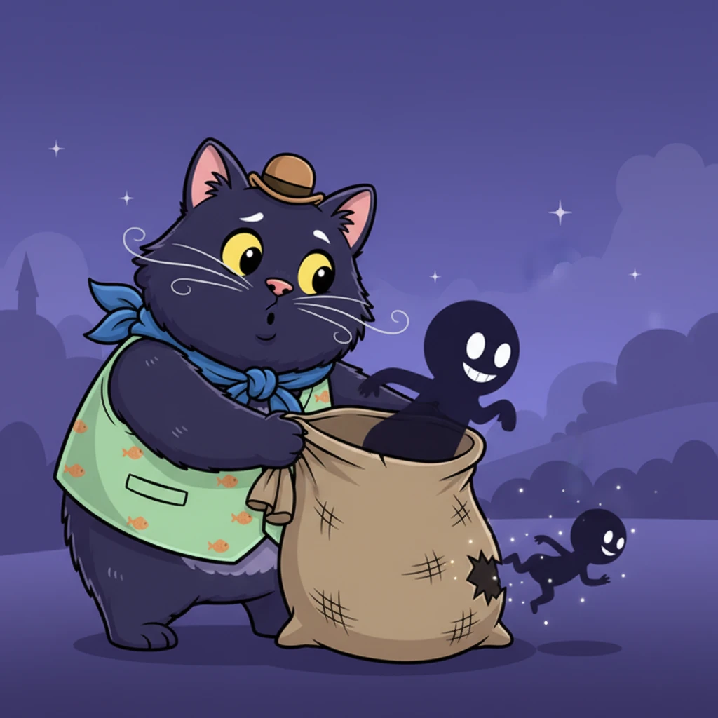 Whiskers gently tries to guide Timmy's energetic shadow into her sack, but a small, unnoticed tear in the fabric becomes a mischievous escape route. With a playful wiggle, the tiny shadow slips through the hole and vanishes into the deepening twilight. A look of genuine concern and a touch of panic crosses Whiskers' face.