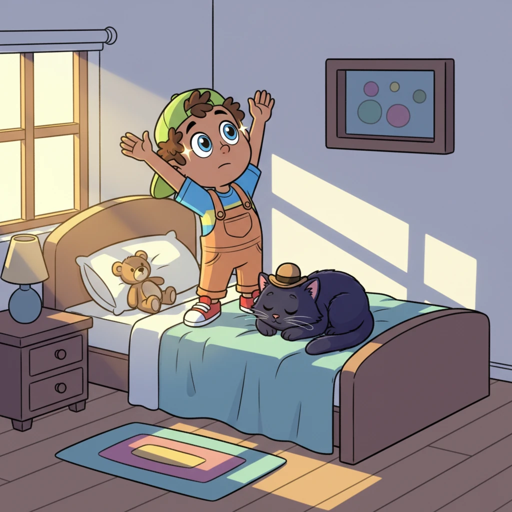 The first rays of dawn peek into Timmy's cozy room, painting stripes across his bed. Timmy stretches and blinks, a curious feeling stirring within him. He looks around with wide, suddenly keen eyes, sensing a new clarity in the dim corners of his room.