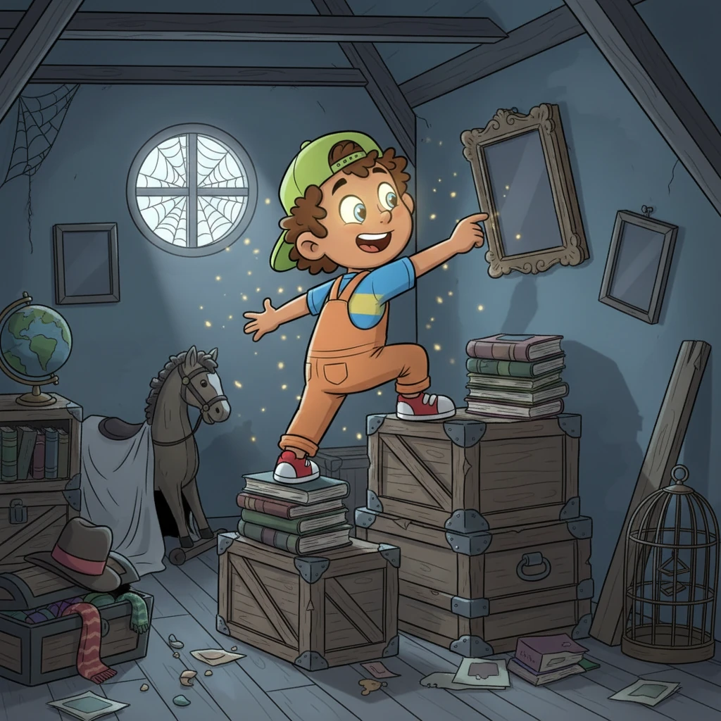 That night, Timmy, now wide awake, gleefully explores the once-spooky attic. Dust motes dance in the faint moonlight filtering through a small window, but Timmy sees everything clearly, his eyes glowing with an inner light. He confidently navigates through forgotten treasures and shadowy corners, completely unafraid.