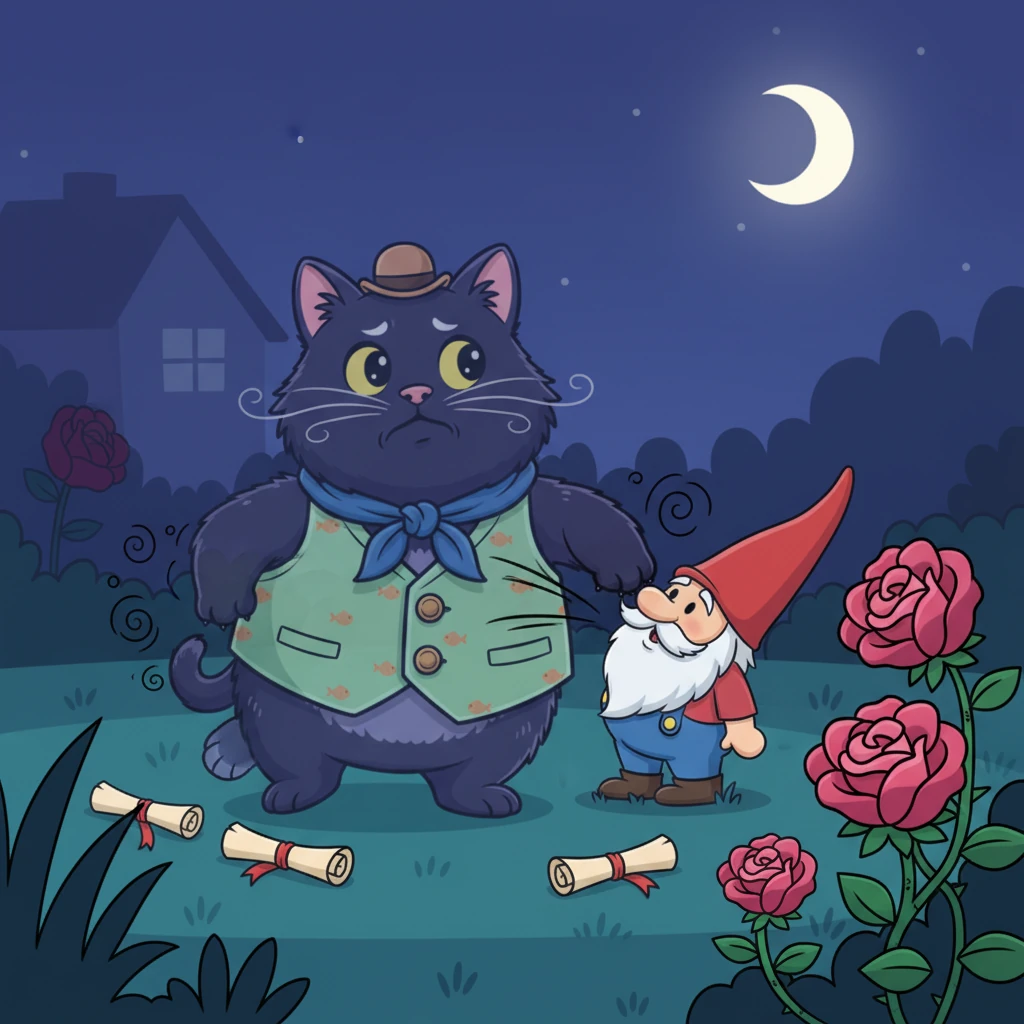 Meanwhile, Whiskers, now without her own shadow, bumps clumsily into a garden gnome, then a rose bush. She's a nearly invisible blur in the darkness, making her shadow-collecting duties incredibly difficult and frustrating. Her usual graceful movements are replaced by hesitant, uncertain steps.