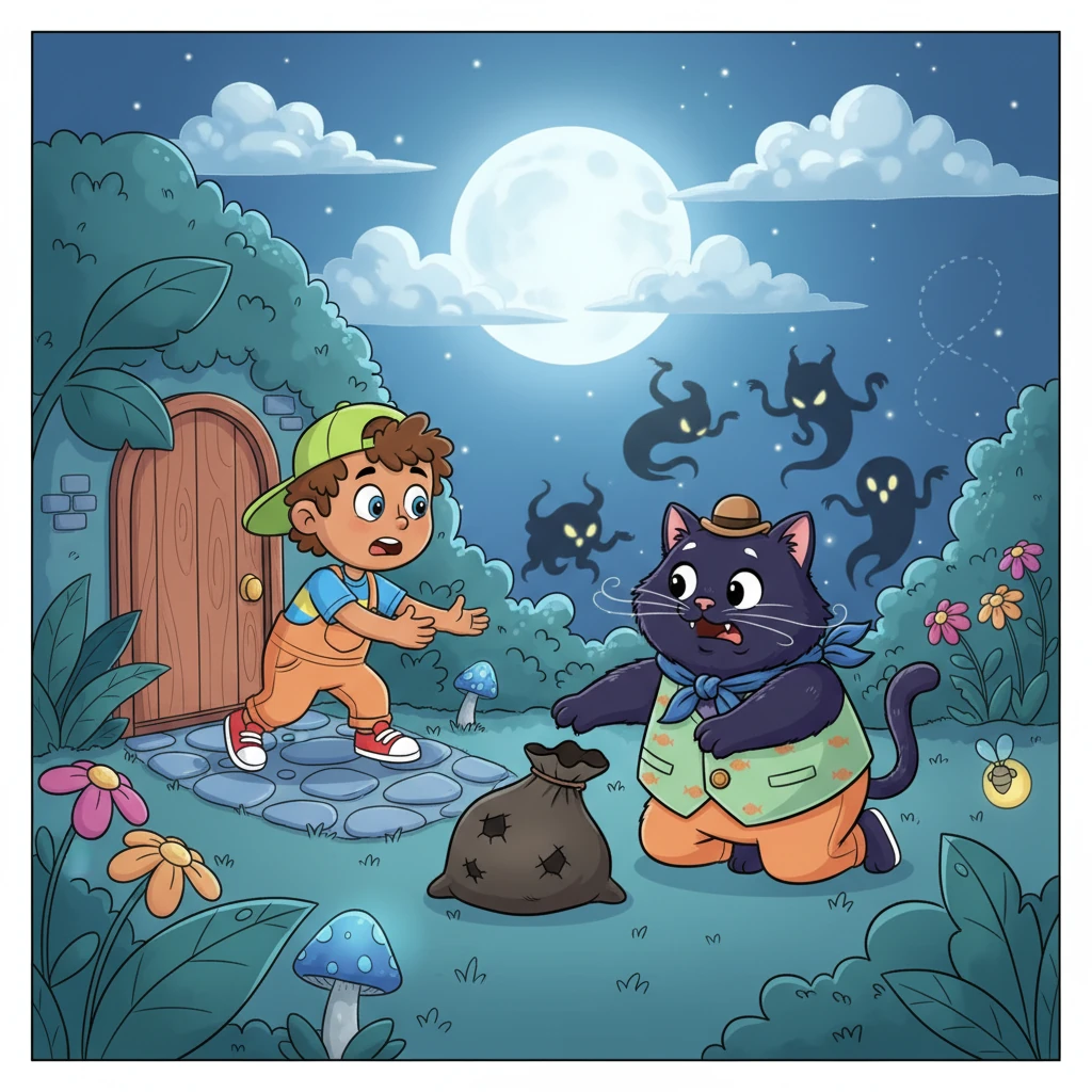 Timmy, drawn by Whiskers' unusual fumbling, steps outside into the moonlit garden. From his perspective, the world is illuminated with a soft, ethereal glow, and he immediately spots several tiny, mischievous shadows that have escaped Whiskers' torn sack, fluttering just out of her reach. He knows exactly what he needs to do.