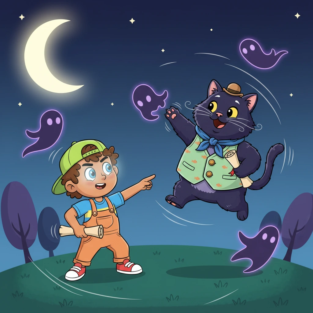 Under the watchful eye of the crescent moon, Timmy and Whiskers become an unstoppable team. Timmy, with his glowing eyes, points out the runaway shadows, while Whiskers, guided by his directions, gracefully scoops them up. They move in a harmonious dance, a blur of boy and cat, making quick work of their important task.