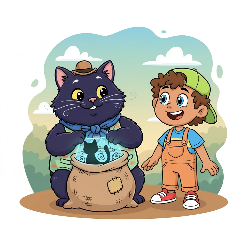 A close-up shows Whiskers carefully patching her magical sack, which is now brimming with all the safely collected shadows. With a final, triumphant flourish, she gently places her own sleek, black shadow back inside, feeling a wave of relief wash over her. Both Timmy and Whiskers share a heartfelt, contented gaze.