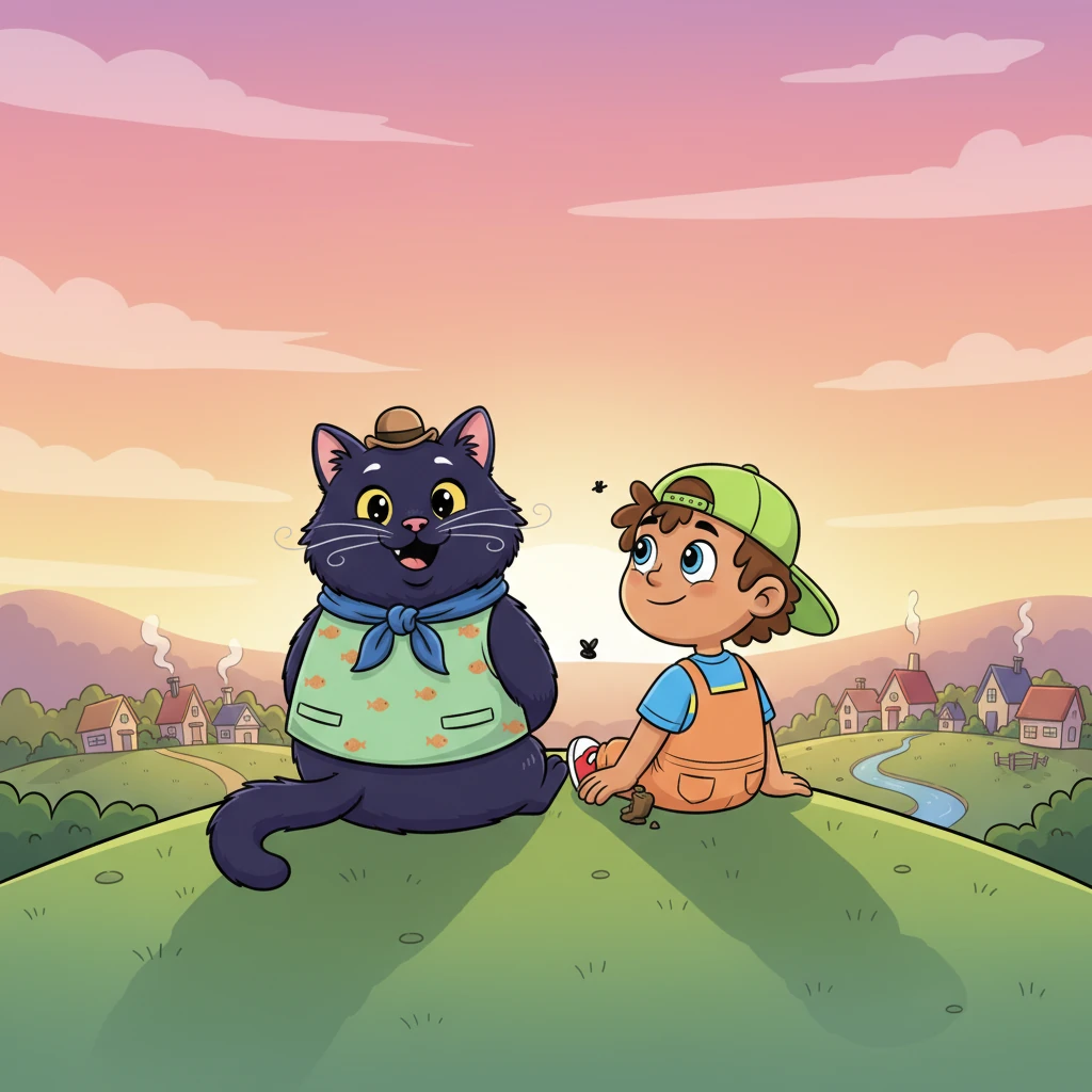 As the sun paints the horizon in soft pastels, Whiskers and Timmy sit side-by-side on a gentle hill overlooking the peaceful village of Willowbend. Timmy's eyes still hold a subtle, knowing sparkle, a reminder of his special gift. They are the best shadow-collecting team Willowbend has ever known, ready for many more magical nights.