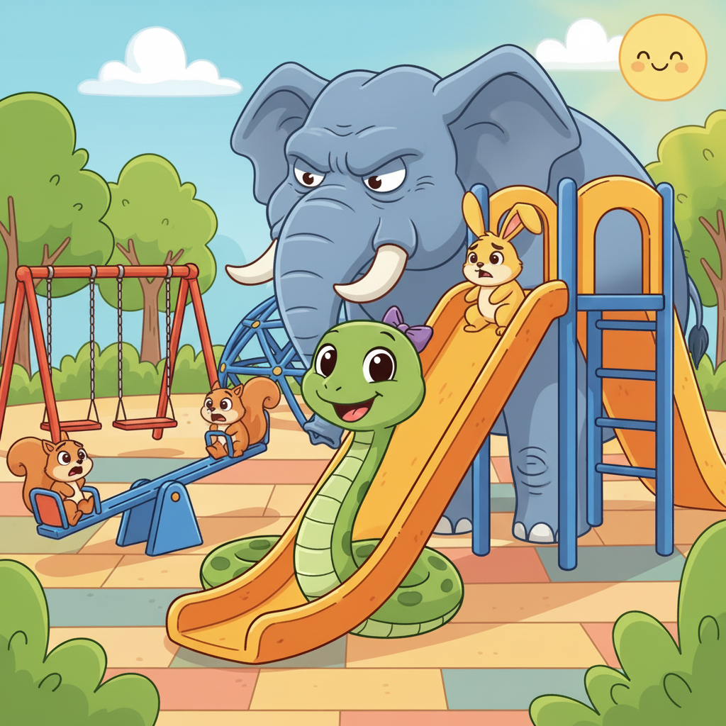 Un día, un enorme elefante llamado Ernesto, con cara de pocos amigos, llegó al patio. Ernesto, con su gran tamaño, parecía siempre enfadado, y todos los animalitos se sentían un poco intimidados por él.