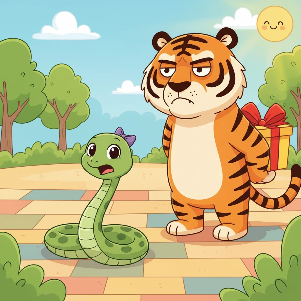 De repente, apareció un tigre grande y con cara de pocos amigos llamado Teo. Ernesto pensó que Teo también sería gruñón, pero se equivocó, ya que Teo tenía una gran sorpresa para él.