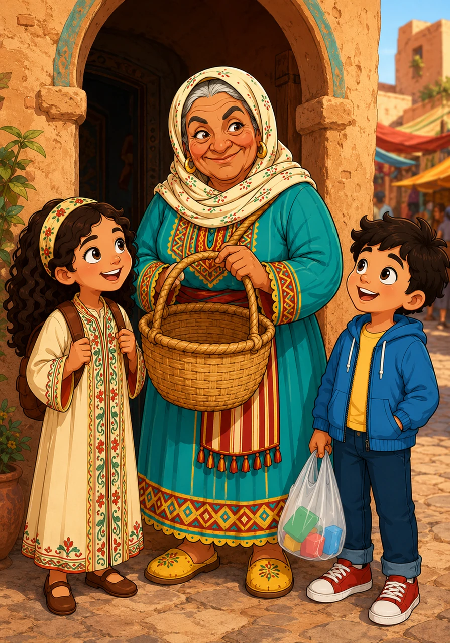 Grandma Hafida stands at the doorway of her traditional home, holding a large, empty woven basket with a determined smile. Her grandchildren, Reem and Jad, stand beside her, buzzing with excitement for their morning trip to the bustling weekly souk.