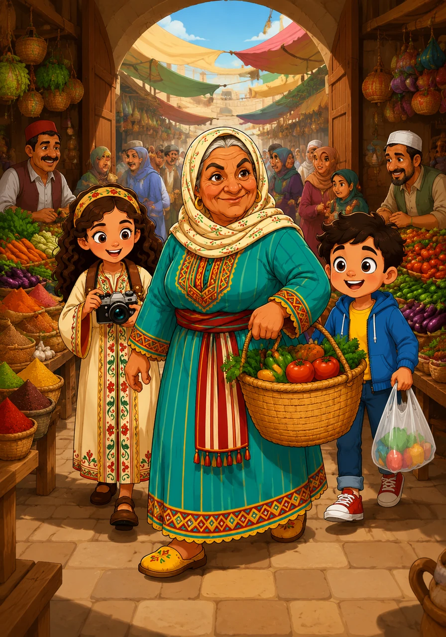 The market is alive with vibrant colors, sweet aromas of spices, and the loud chatter of merchants. As they walk through the entrance, Grandma Hafida keeps a firm grip on the basket, ready to hunt for the freshest vegetables.