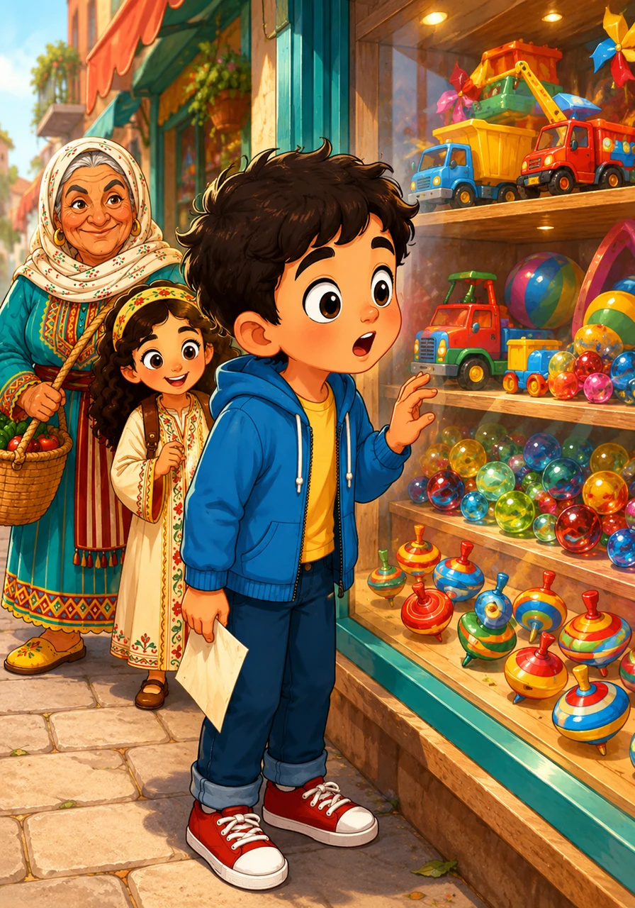 Jad suddenly stops in his tracks, his eyes completely glued to a colorful toy shop filled with plastic trucks, shining marbles, and spinning tops. He completely forgets about the shopping list, mesmerized by the glittering displays.
