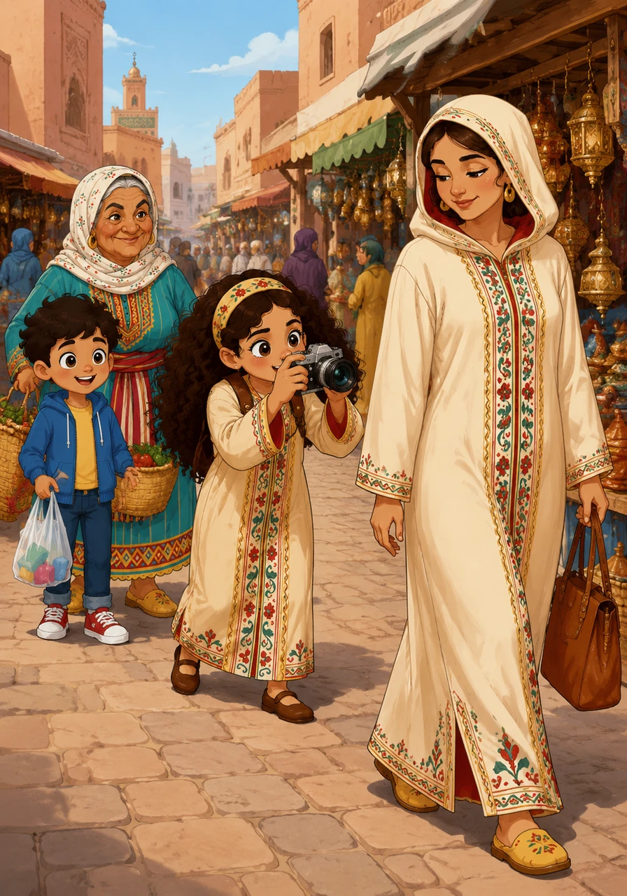 A few steps away, Reem becomes fascinated by a woman wearing an elegantly embroidered traditional djellaba walking past. Forgetting the crowd, Reem carefully adjusts her camera, trying to capture the perfect artistic shot of the beautiful fabric.