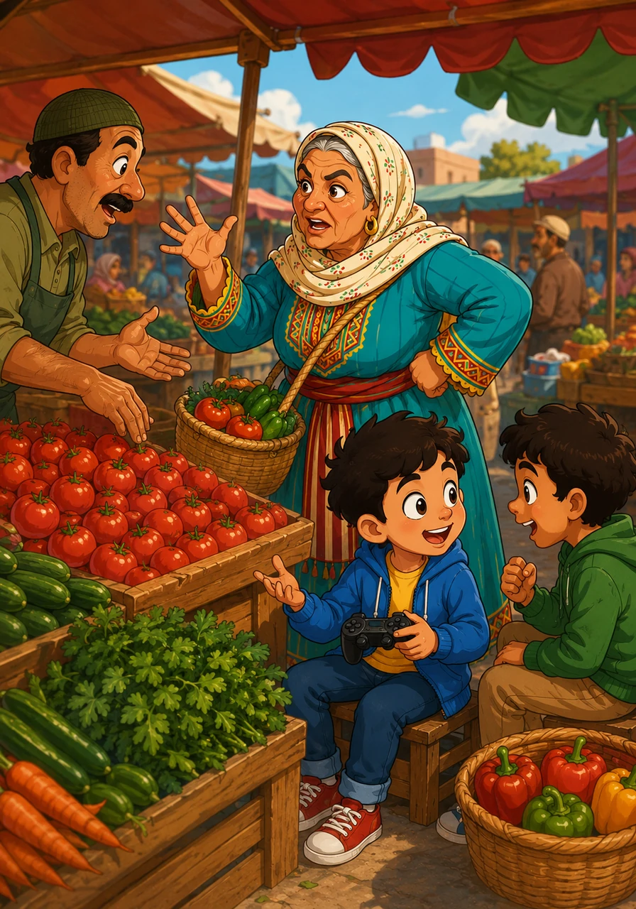 At the vegetable stall, Grandma Hafida fiercely negotiates the price of tomatoes with the lively vendor, waving her hands dramatically. Meanwhile, Jad completely ignores the vegetables and strikes up an intense, animated conversation about video games with the vendor's young son.