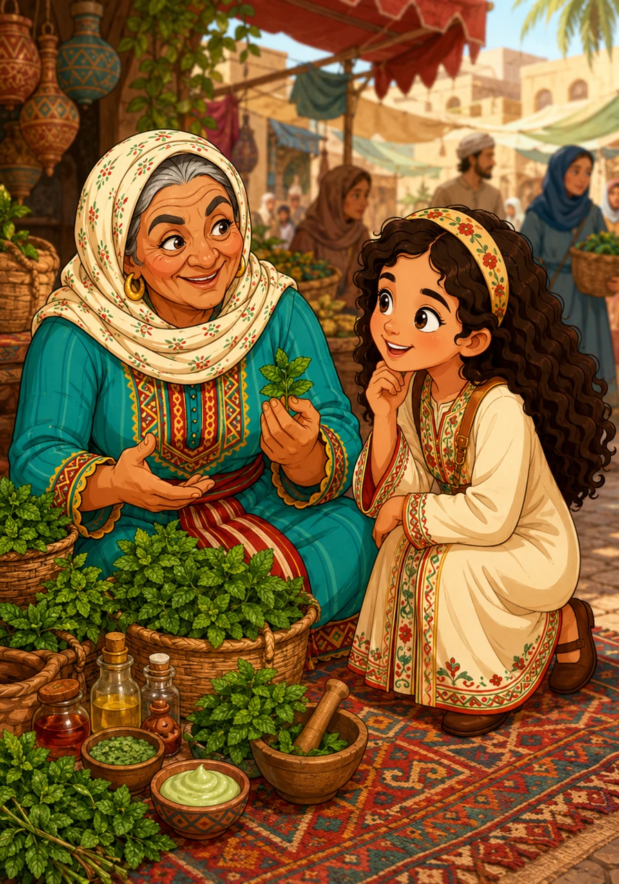 Nearby, Reem wanders over to a fragrant mint seller sitting on a colorful rug. Instead of buying herbs for tea, she finds herself deeply invested in sharing natural skincare recipes and beauty secrets with the friendly woman.