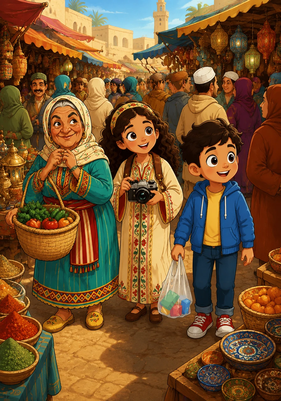 The market reaches its peak midday chaos, with crowds moving in every direction under the warm sun. Lost in their own worlds, the trio wanders from stall to stall, completely distracted by the sights, sounds, and endless conversations around them.