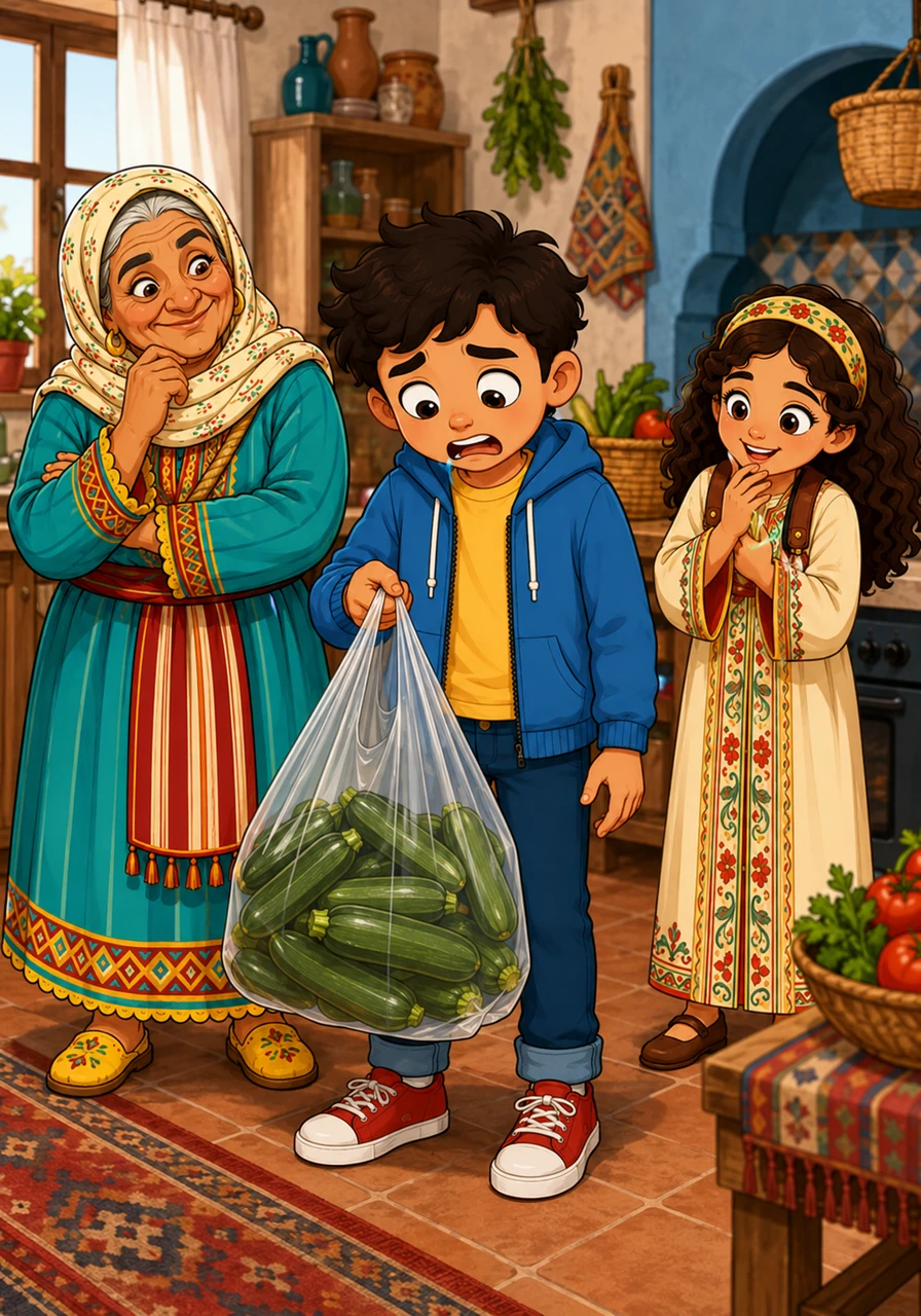 As they prepare to leave, Jad looks down in surprise to find himself carrying a heavy plastic bag filled to the brim with zucchini. He stares at it with a comical look of disappointment, realizing it is the one vegetable he absolutely detests.