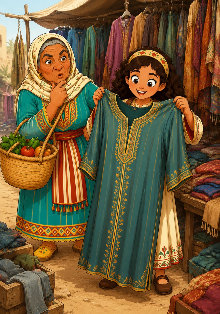 Reem proudly holds up a dusty, oversized vintage kaftan she purchased from an old clothing stall, convinced it is a priceless fashion treasure. Meanwhile, Grandma Hafida taps her chin in sudden realization, realizing she completely forgot to buy the onions she actually came for.