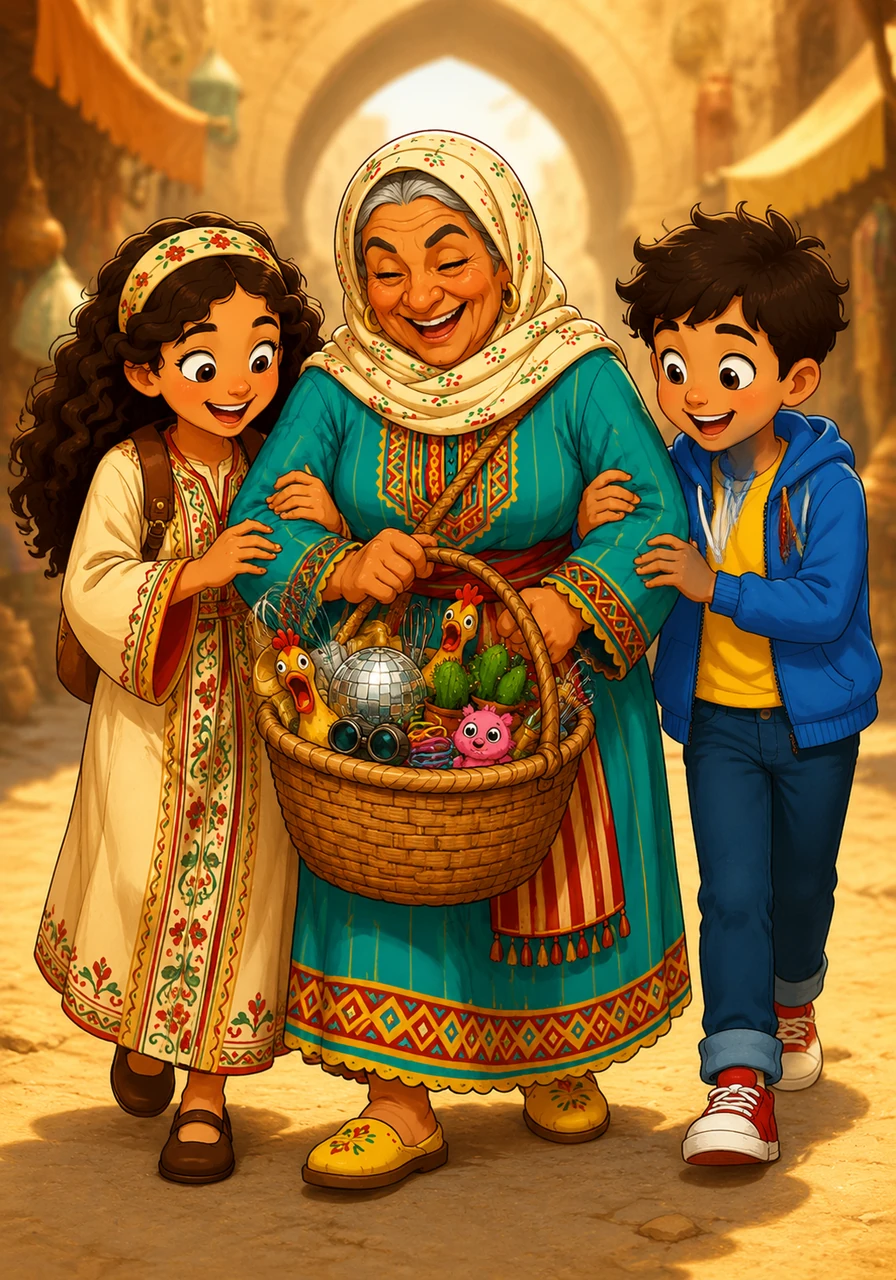 Walking back home under the afternoon sun, the family laughs together at their ridiculous assortment of market treasures. Though their basket does not contain what they planned, their hearts are full of joy, proving that the souk is always full of wonderful surprises.