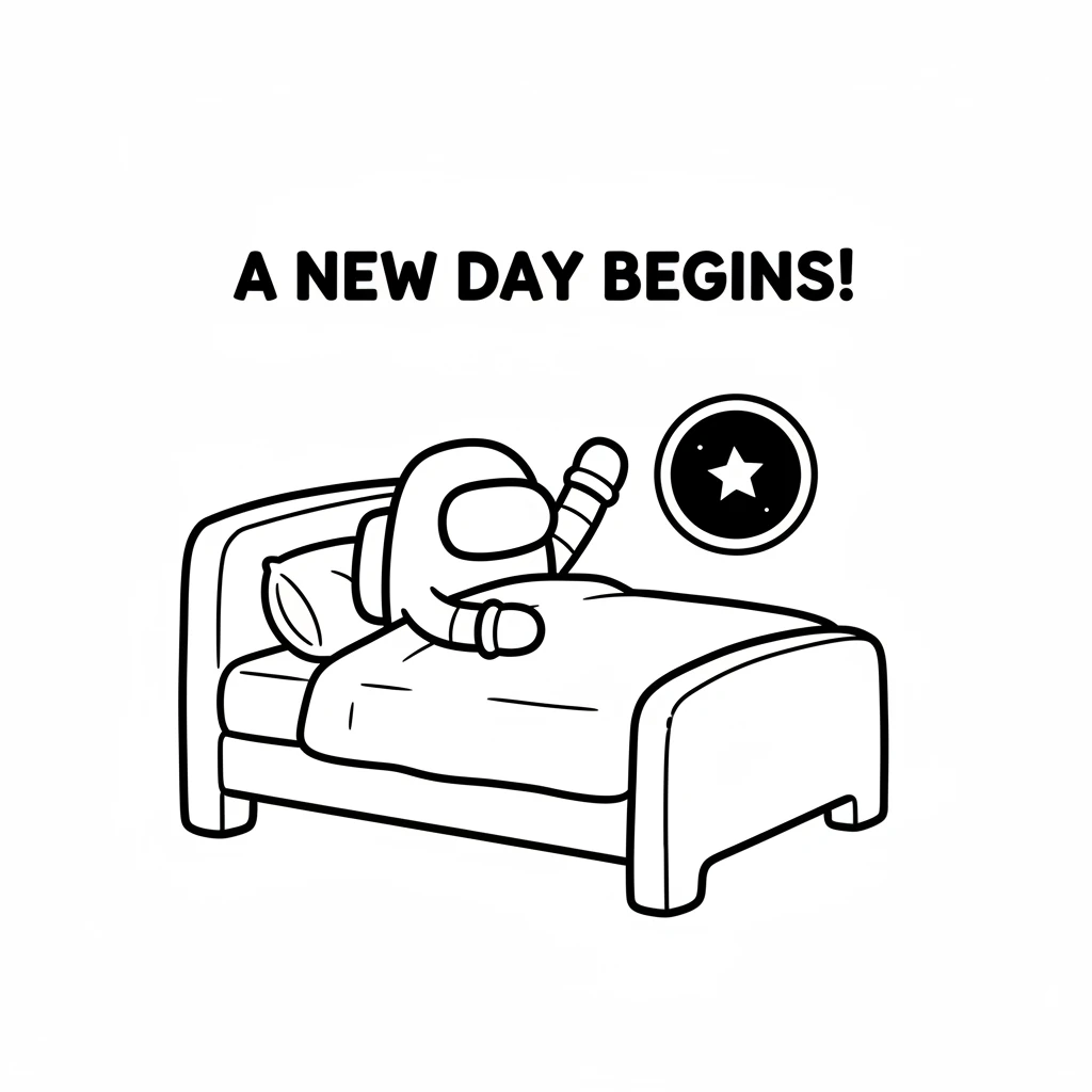 Astro's round helmet peeks over a cozy bed on the spaceship. A small, simple star is visible outside a tiny porthole. Astro is just waking up, stretch