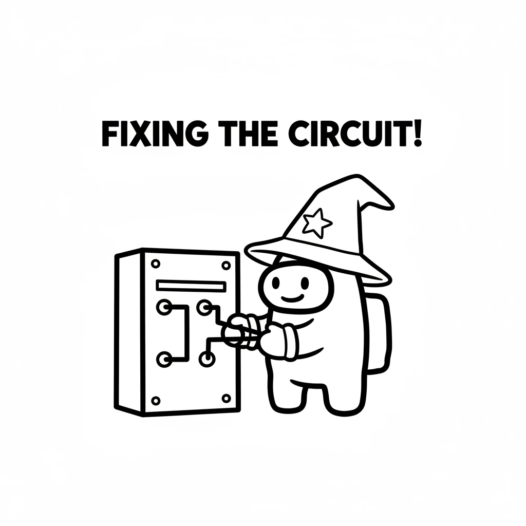 Astro stands in front of a simple panel with a few bold lines representing wires. Astro's small hands are reaching out to connect two lines, focused o