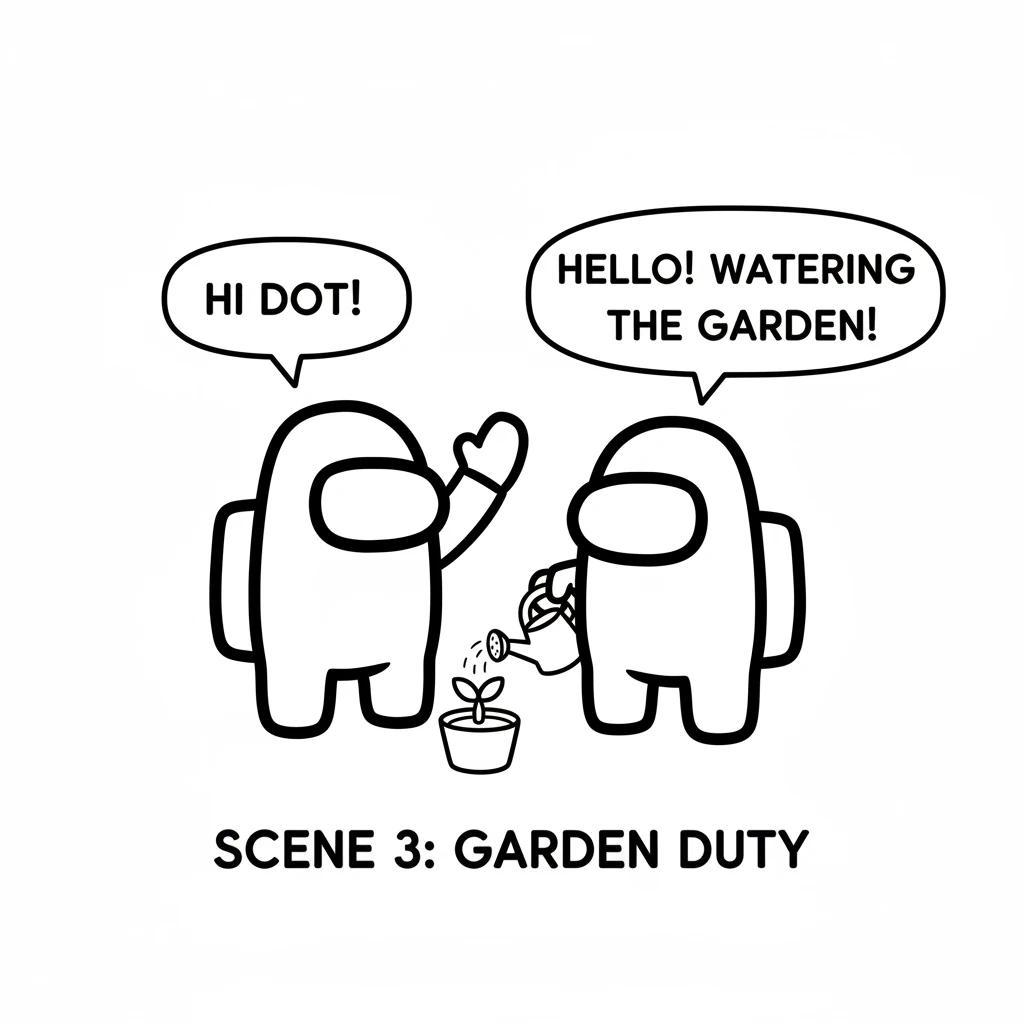 Astro waves to another crewmate, Dot, who has a tiny plant pot next to them. Dot is watering the plant with a simple watering can, keeping the spacesh