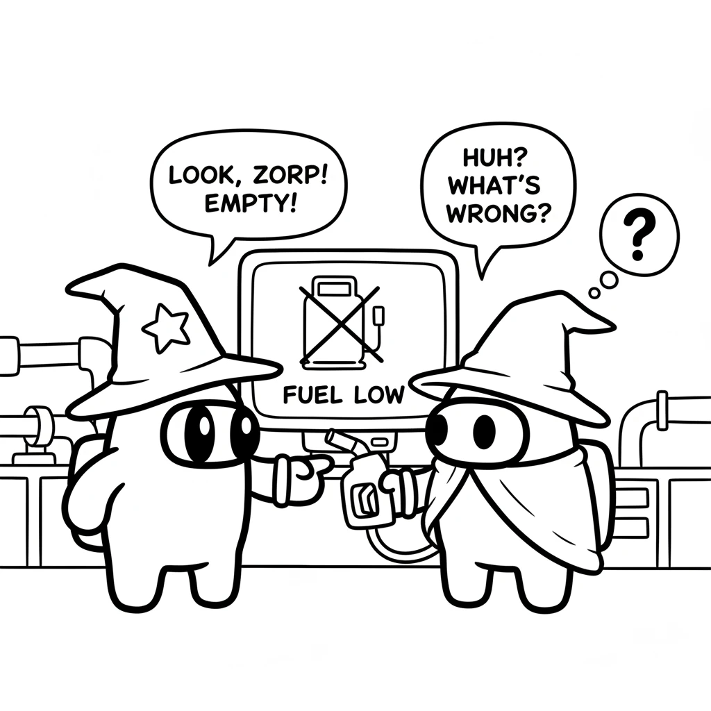 Astro points to a large, empty fuel tank icon on a screen. Another crewmate, Zorp, looks a bit puzzled, trying to understand the problem. Astro's arm