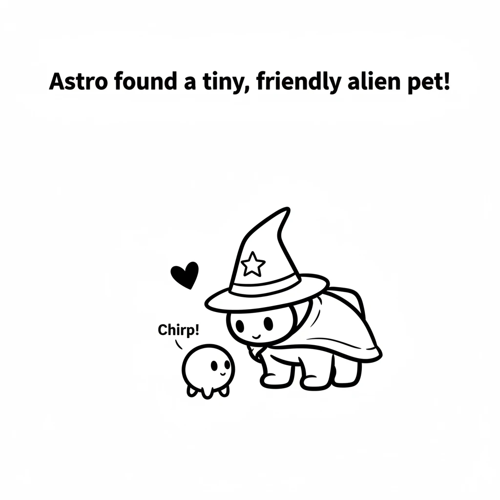 Astro bends down, looking at a tiny, round alien pet with two small eyes and wobbly legs. The pet looks up at Astro with curiosity, its small body a s