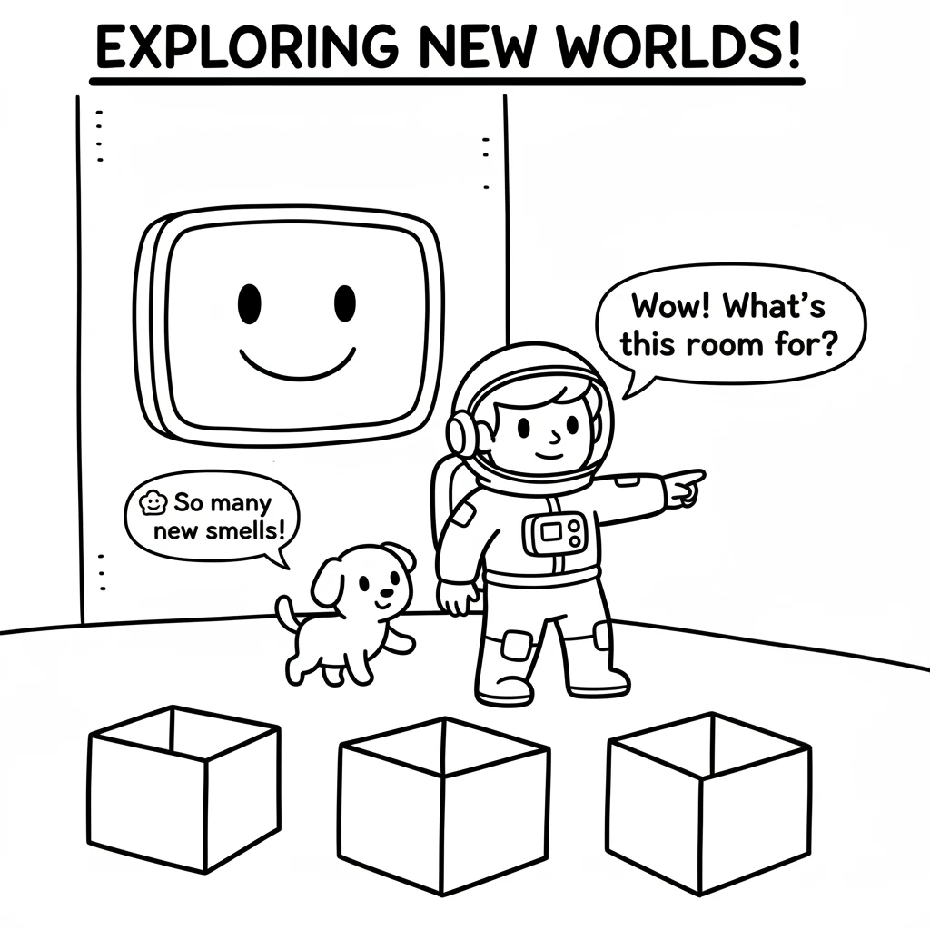 Astro and the new pet are exploring a new room on the spaceship. The room has a few simple boxes and a big, friendly-looking screen with a happy face.