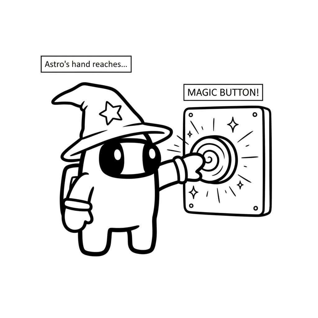 Astro's hand is reaching for a big, round button on a panel. The button has a simple spiral pattern, hinting at something special. Little stars or spa