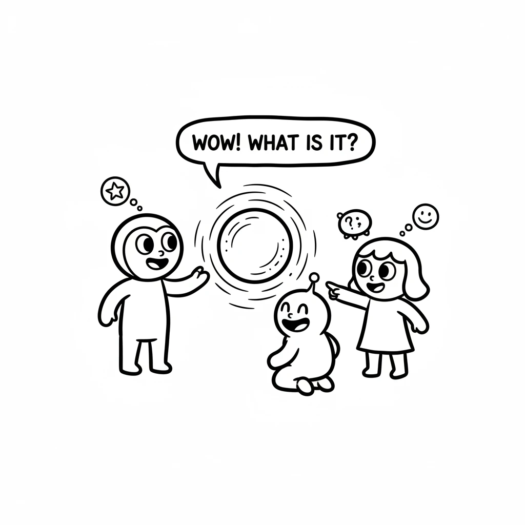 Astro, Dot, and Zorp, along with the pet, are gathered around a large, shimmering object. The object is a simple, glowing orb with soft, curved lines.