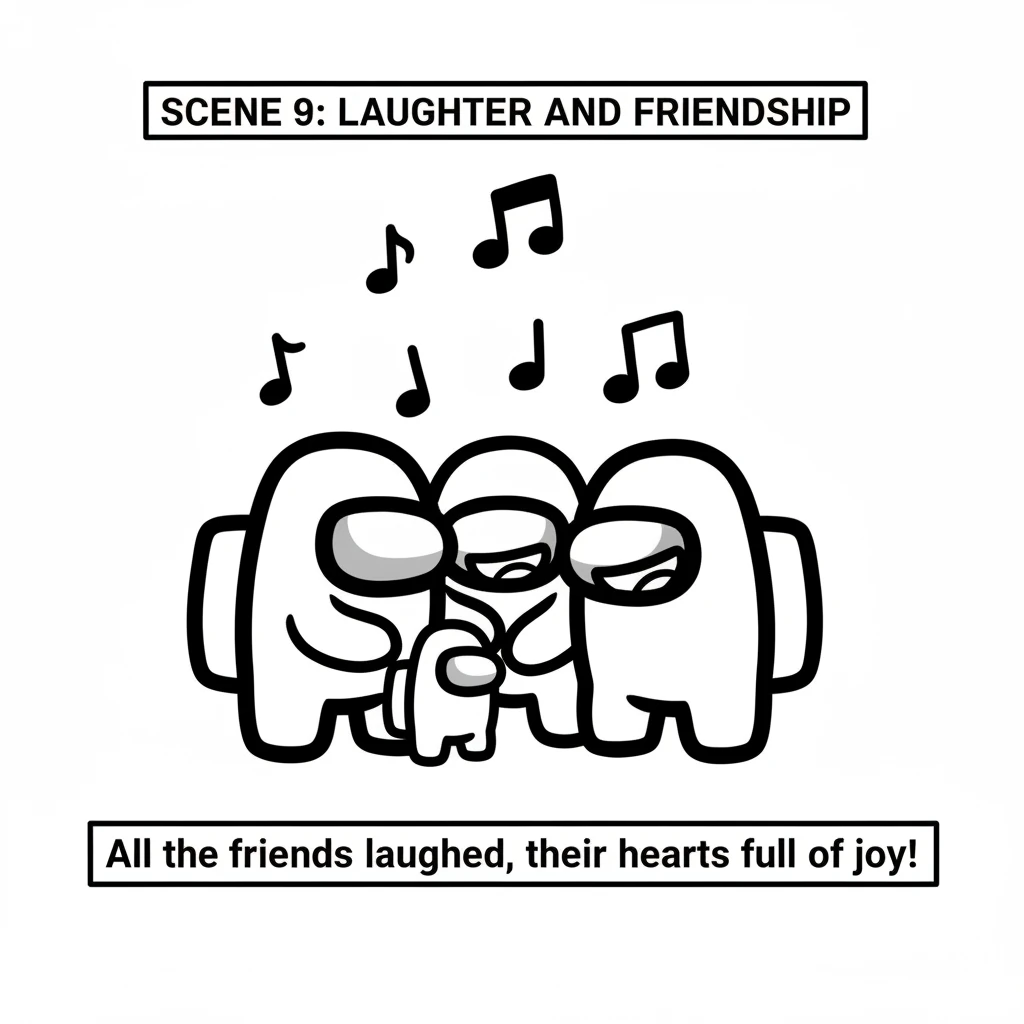 All the crewmates and the pet are laughing together, their round bodies close in a happy group. Simple, happy smiles on each face show their joy and f