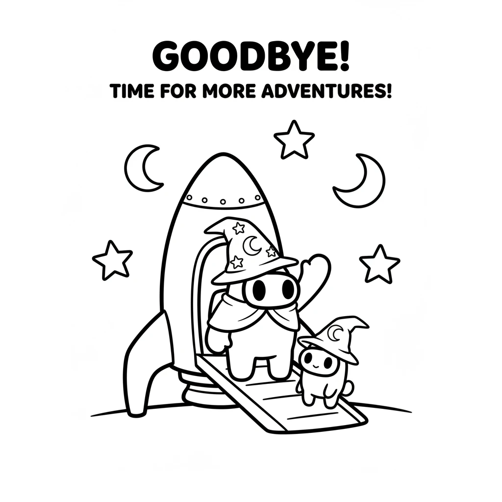 Astro stands at the spaceship's ramp, waving goodbye with one arm. The pet is nestled safely beside Astro, a loyal companion. The simple outline of th