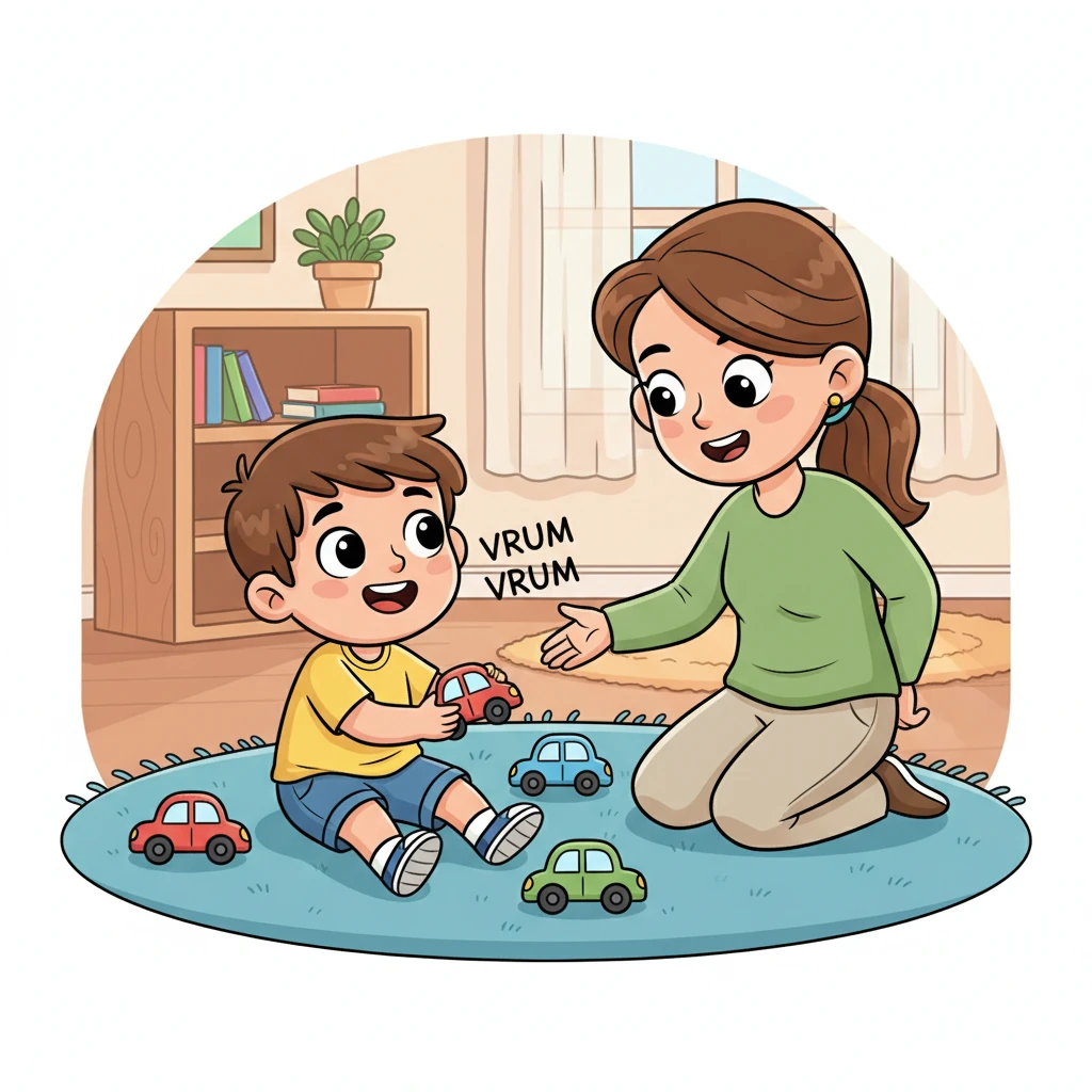 Léo está brincando feliz com seus carrinhos, fazendo barulhos de "vrum" alegres. Sua mãe se aproxima com um sorriso gentil e conta que eles farão uma visita especial ao doutor amanhã. Léo levanta o olhar, curioso com essa nova aventura.