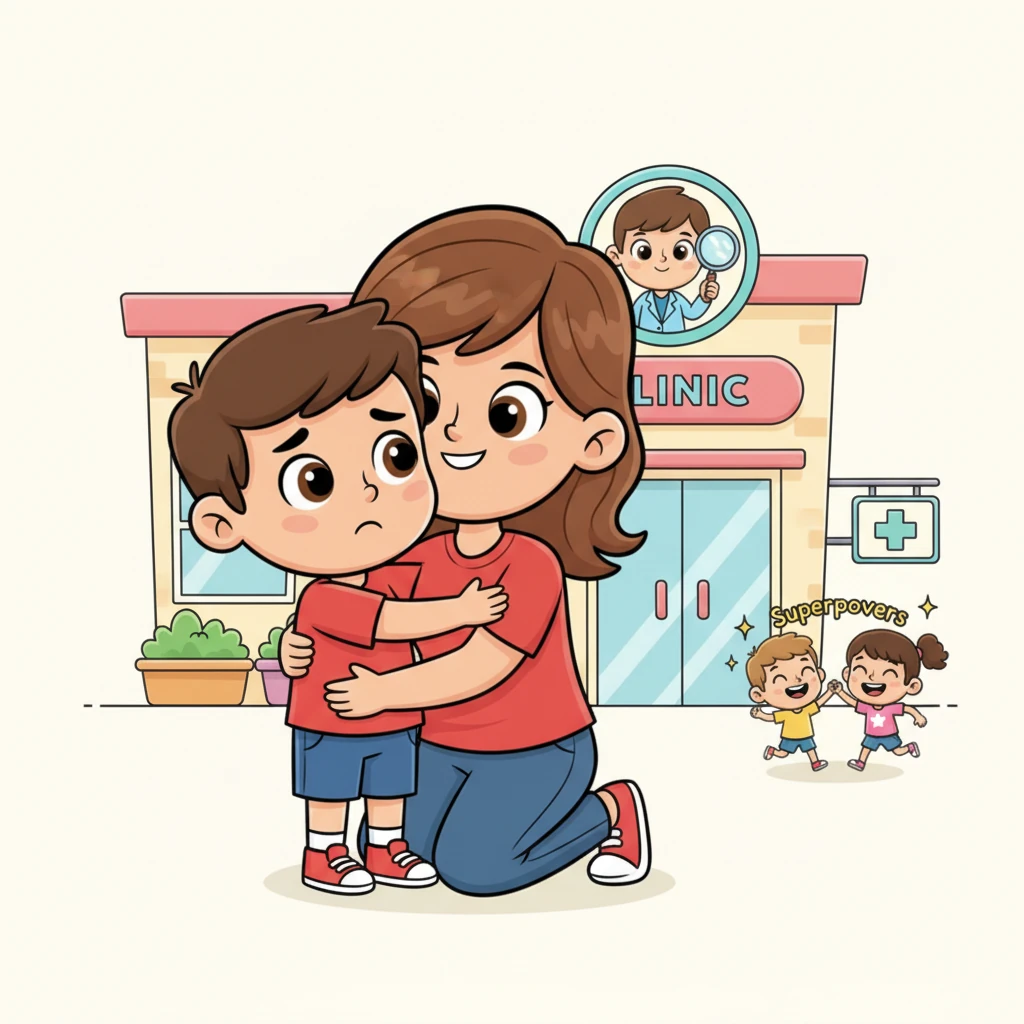 Léo sente um pequeno frio na barriga, um pouco nervoso com a ida ao doutor. Sua mãe o abraça apertado e explica que o médico ajuda a garantir que todos os seus superpoderes, como correr e rir, estejam funcionando perfeitamente. Ela diz que é como um check-up rápido para seu corpo incrível.