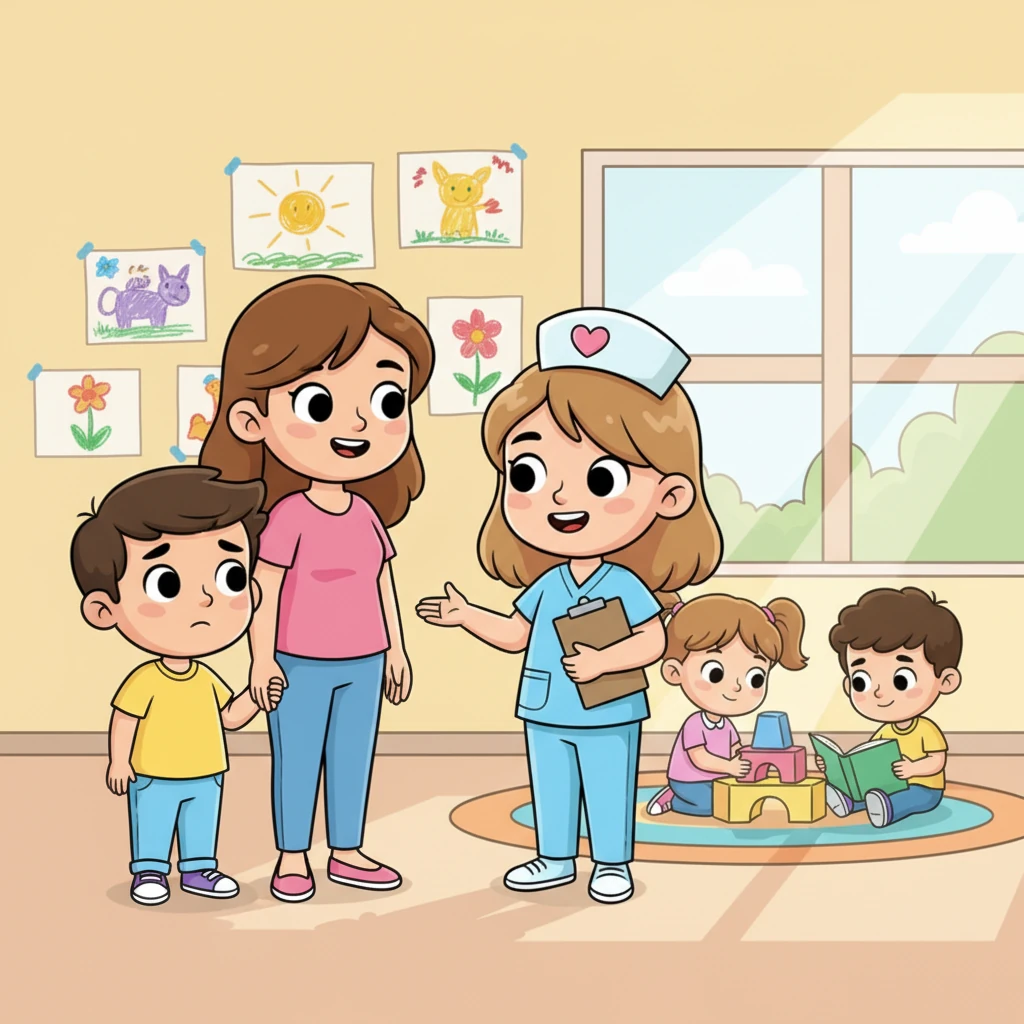 No dia seguinte, Léo e sua mãe chegam a uma clínica clara e alegre. Uma enfermeira simpática com um sorriso amigável os cumprimenta. Léo vê desenhos coloridos na parede e outras crianças brincando calmamente, o que o faz sentir um pouco mais à vontade.