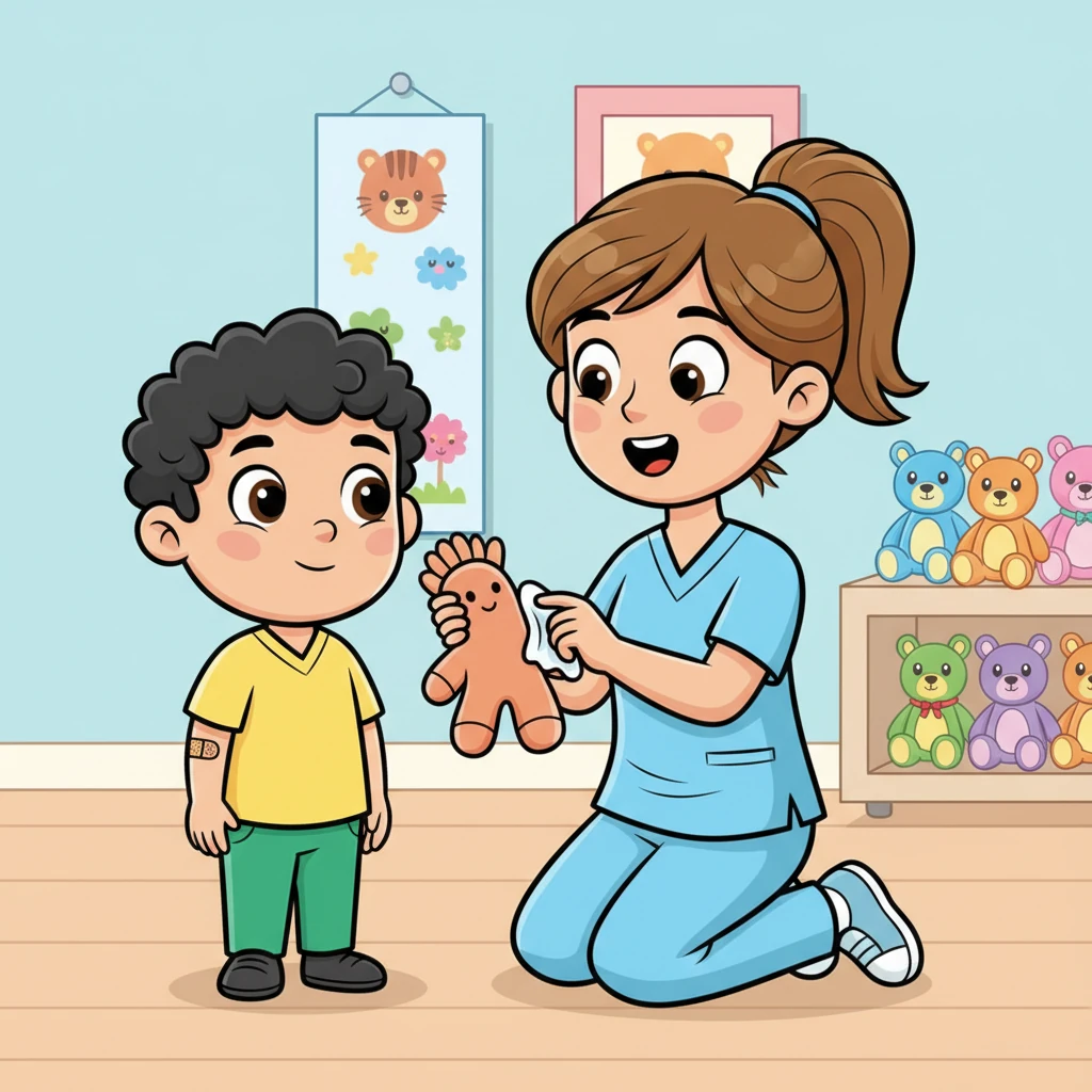 A enfermeira mostra gentilmente a Léo um braço de brinquedo macio. Ela explica que vão limpar o braço dele com um lencinho fresco, depois uma "picadinha" bem pequena, como um mosquito, e será super rápido. Ela faz um som engraçado de "zzzzzip" para mostrar a velocidade.