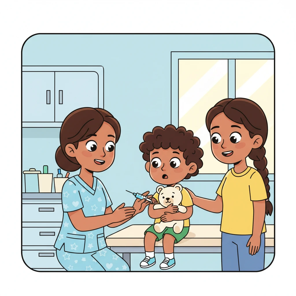 A enfermeira é muito gentil e fala baixinho com Léo. Ele segura Pingo com força, observando o sorriso tranquilizador de sua mãe. Ele respira fundo e, antes que perceba, sente uma "picadinha" minúscula que termina em um piscar de olhos.