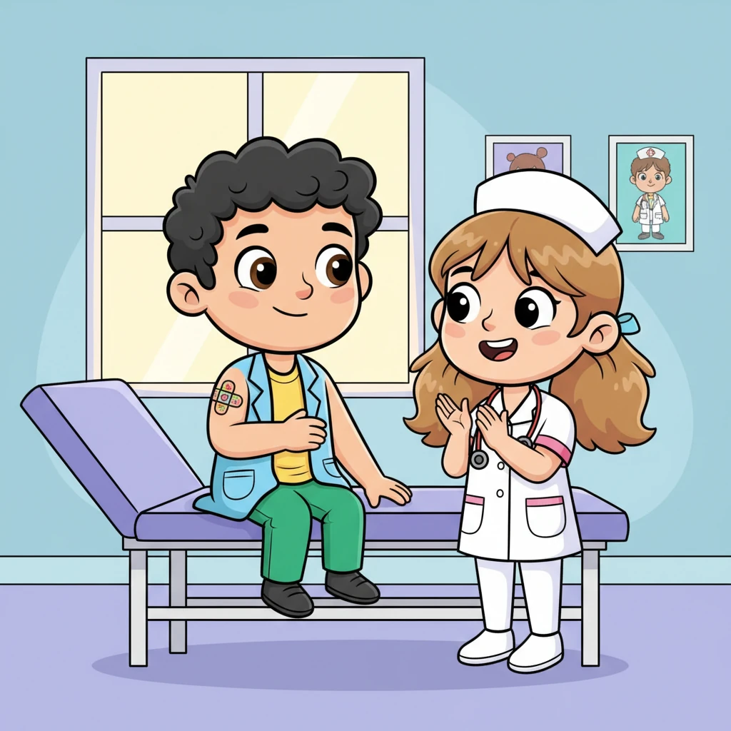 "Pronto!" diz a enfermeira com um grande sorriso. Léo abre os olhos e vê um curativo colorido em seu braço. Ele sente uma enorme onda de alívio e um pouquinho de orgulho por ter sido tão corajoso. A enfermeira aplaude suavemente, elogiando sua bravura.